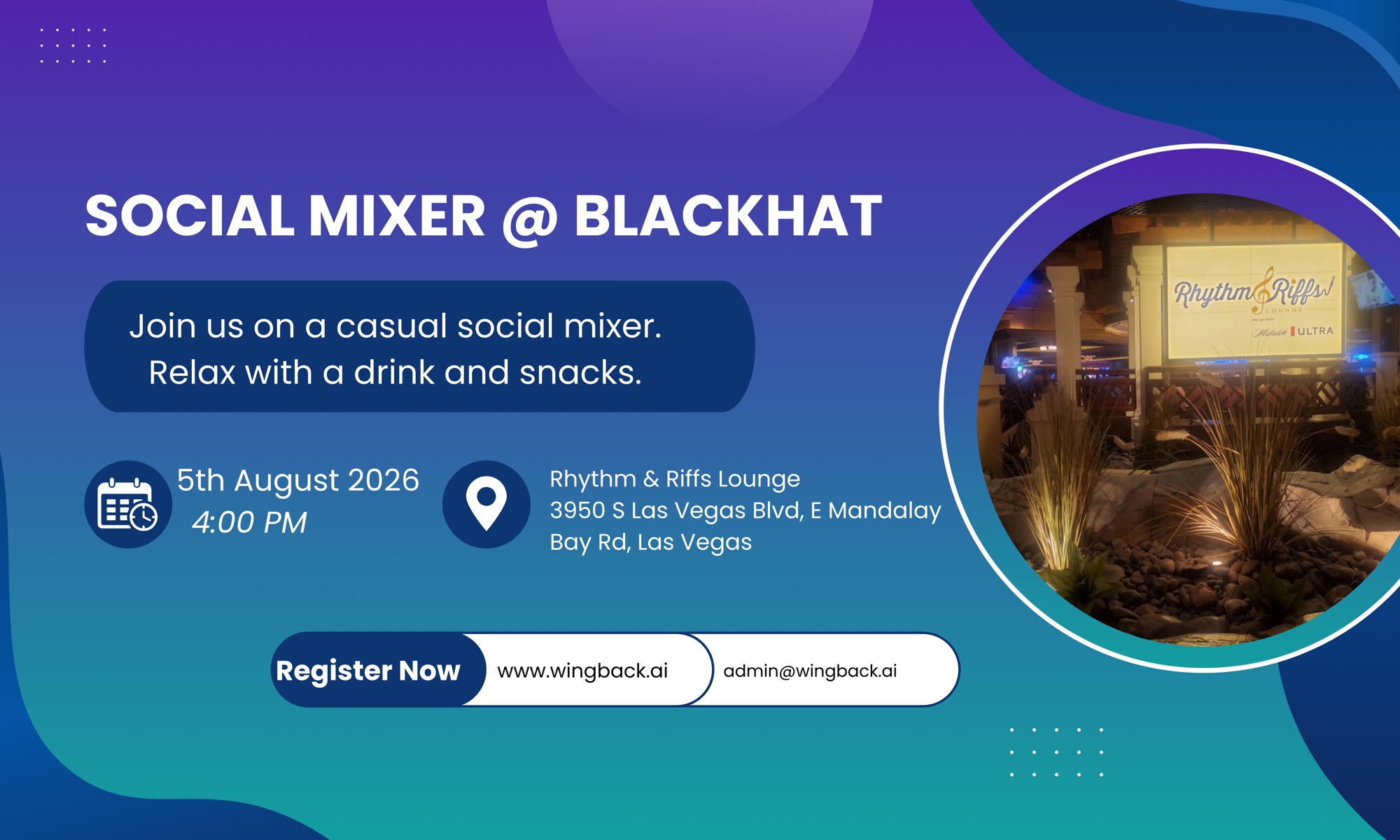 Social Mixer @ Black Hat — Wingback Security event flyer for Rhythm & Riffs Lounge, Las Vegas